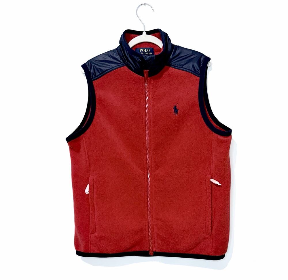 Polo Ralph Lauren Fleece Vest Boys M 10-12 Red Navy Zip Pockets Sleeveless NWT